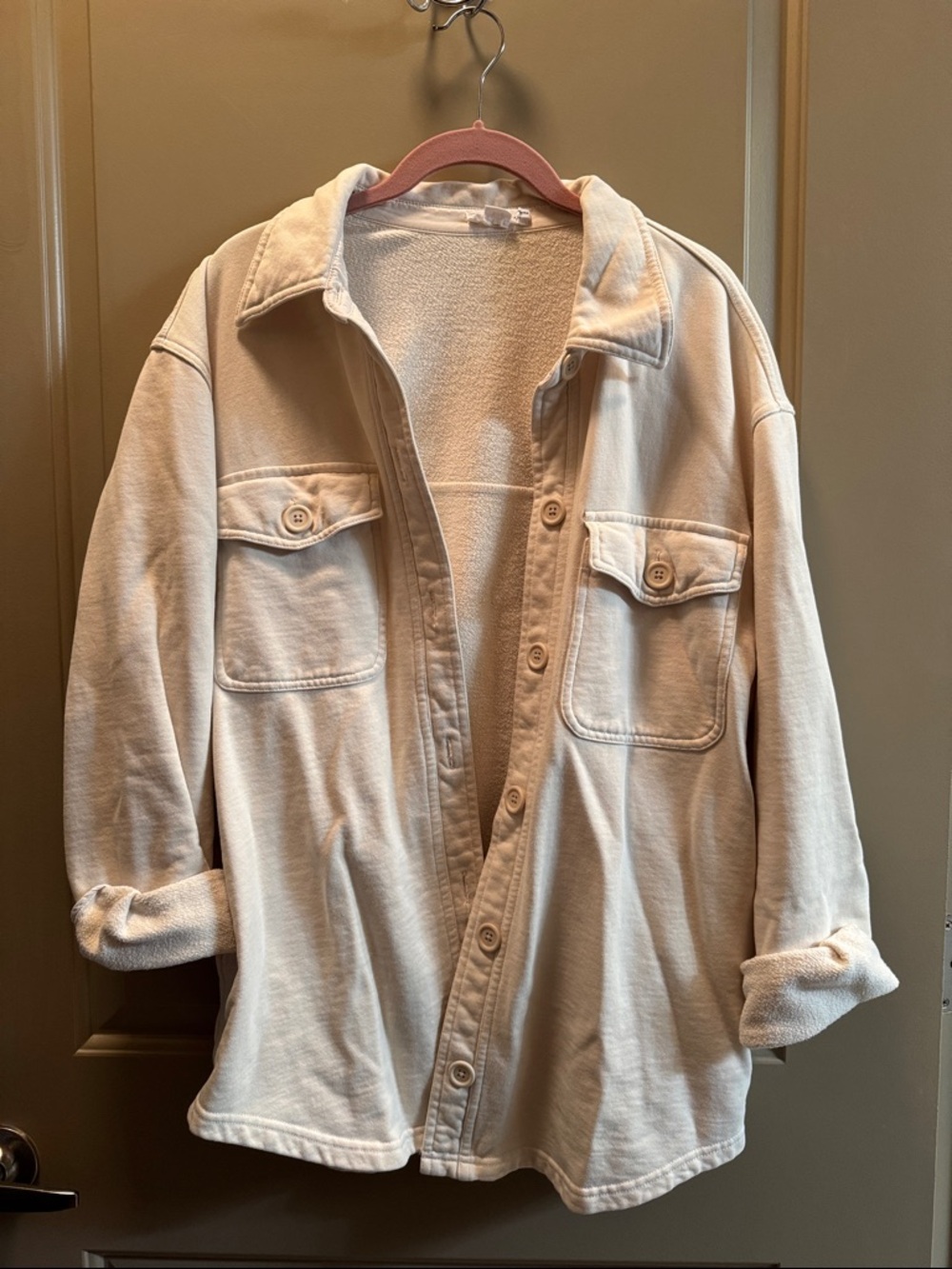 Good American Cream Button-Up Shacket with Chest Pockets